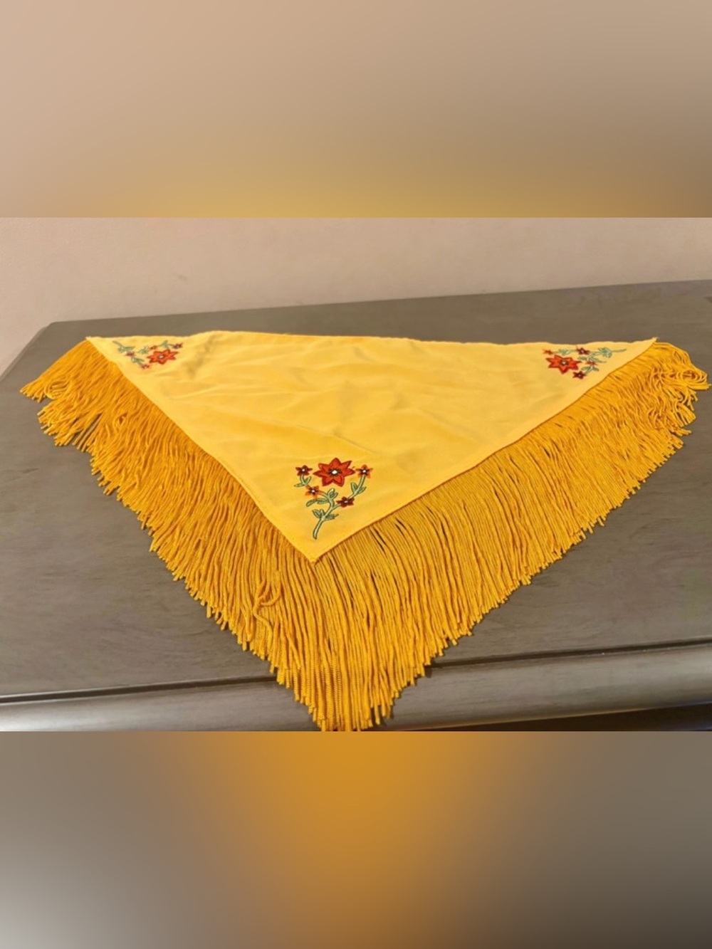 Embroidered Yellow Fringe Kaya Scarf - Floral Accent